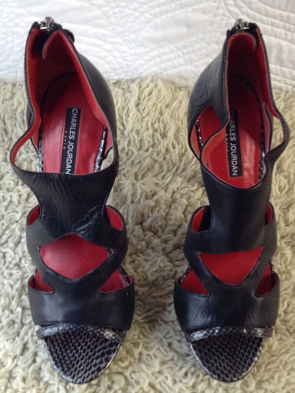 Charles Jourdan 5.5" Leather Black Platform Strappy 9.5 Open Toe Zip Back Sexy